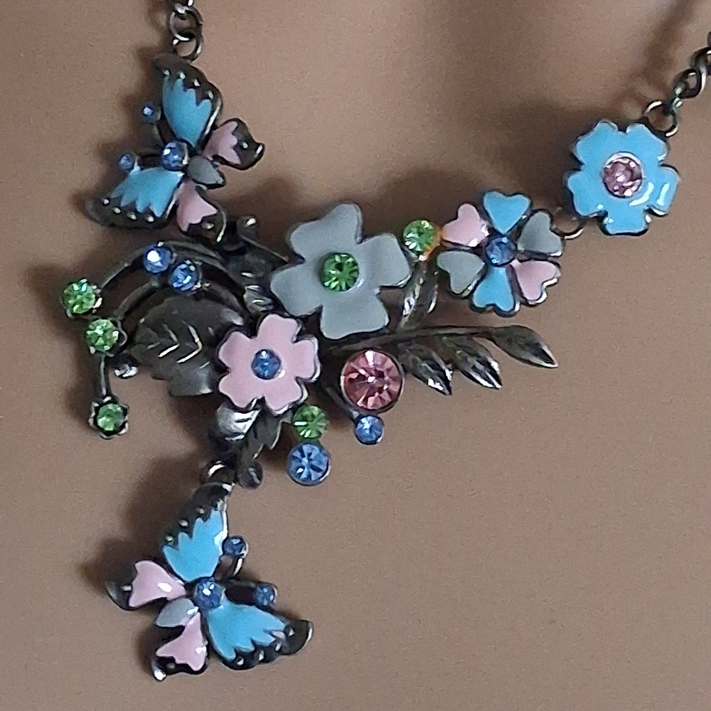 Silvertone Floral Butterfly Necklace with Blue and Pink Accents - Picture 9 of 10
